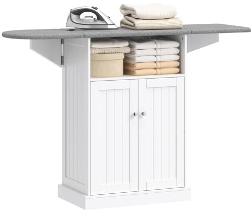HOMCOM Mobile Asse da Stiro Pieghevole Salvaspazio, Mobile da Stiro Multiuso con Armadietto a 2 Ante, Ripiano Regolabile, Ruote a Freno, Ripiano Aperto, per Lavanderia Bagno, 131x37x88.5 cm, Bianco