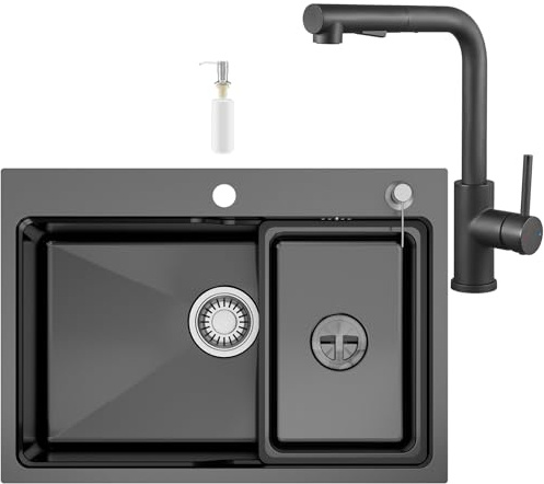 CECIPA 68x48 cm Lavello Nero con L Rubinetto Cucina Estraibile | Lavandino Cucina Nero 1 Vasca in Acciaio Inox, con Dispenser Sapone e Vasca Mobile, per Mobile da 70 cm