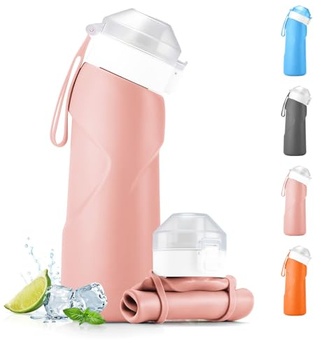 Fancysky Gourde Pliable 700ml, Gobelet Pliable silicone Sans BPA, Étanche, Compacte et Légère, Idéale pour Randonnée, Camping, Usage Quotidien, Bouteille d'eau Sport (Rose)
