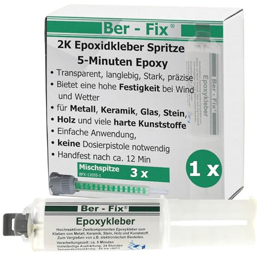 Ber-Fix 25g 2K Kleber Epoxidharz mit Härter 5 Min 3x Spitzen 2 Komponenten Kleber echter Epoxy Kleber 2 Komponenten Kleber für Keramik Beton Stein Metall Holz 2k Kleber Kunststoff