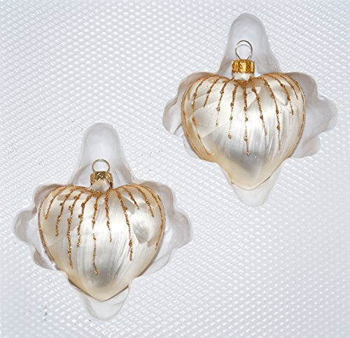 2 TLG. Glas-Herzen Set in Ice Champagner Gold Regen - Christbaumkugeln - Weihnachtsschmuck-Christbaumschmuck
