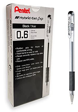 Pentel K116-AE Hybrid Gel Grip Tintenroller 0,6 mm Schreibspitze 0,3 mm Strichbreite 12 Stück schwarz