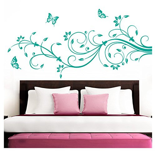 Grandora Wandtattoo XXL Blumenranken Schmetterlinge Blumen I türkis (BxH) 90 x 39 cm I Schlafzimmer Liebe Flur Wohnzimmer modern Aufkleber Wandaufkleber W1073