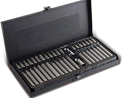 HÖGERT TECHNIK Bit-Set 40-tlg., TORX, Spline, Sechskant (30/75 mm), CrV-Stahl, 10 mm Aufsatz, 3/8 & 1/2, in Metallbox, Schrauberbit-Set Profi Qualität