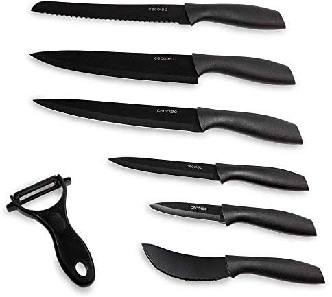 Cecotec Juego de 7 Cuchillos Profesionales Cuchillos Titanium. Acero Inoxidable, Recubrimiento cerámico, Hoja de 2mm de grosor, Incluye Estuche