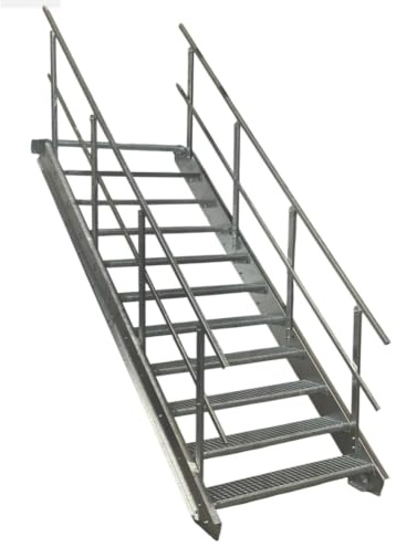 SRM Design 11 Stufen Stahltreppe Breite 100 cm verzinkt 2X Geländer | Geschosshöhe 165 - 220cm feuerverzinkt Robuste Außentreppe Wangentreppe Stabile Industrietreppe Außenbereich