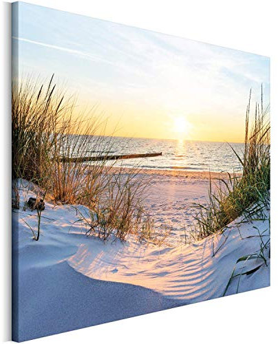 Revolio 70x50 cm Leinwandbild Wandbilder Wohnzimmer Modern Kunstdruck Design Wanddekoration Deko Bild auf Leinwand Bilder 1 Teilig - Dünen Strand Meer Sonnenuntergang gelb