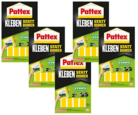 Pattex Pegar en lugar de taladrar, cinta adhesiva de doble cara, reutilizable, 10 unidades (5 paquetes, tiras adhesivas).
