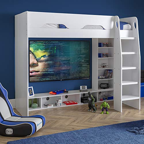 happybeds Wooden Gaming Bed, Galaxy White Wooden Gaming High Sleeper Frame - 3ft Single (90 x 190 cm) with Memory Foam Mattress Included