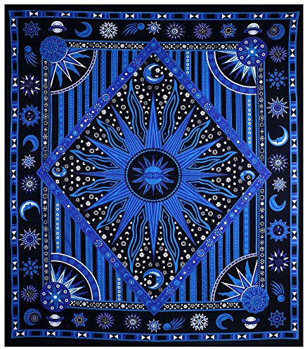 THE ART BOX Indie Wandteppich Baumwolle Mandala Wandbehang Deko Teppich Aesthetic Room Decor Dekoration Wohnzimmer Indische Tücher Schlafzimmer Deko, Blau, 135x210 Cm