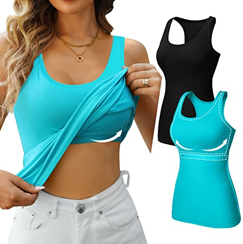 V FOR CITY Womens Tank with Built in Bra Racerback Cotton Cami Shirts Fitted Yoga Workout Tops 2 Pack Black/Aqua L