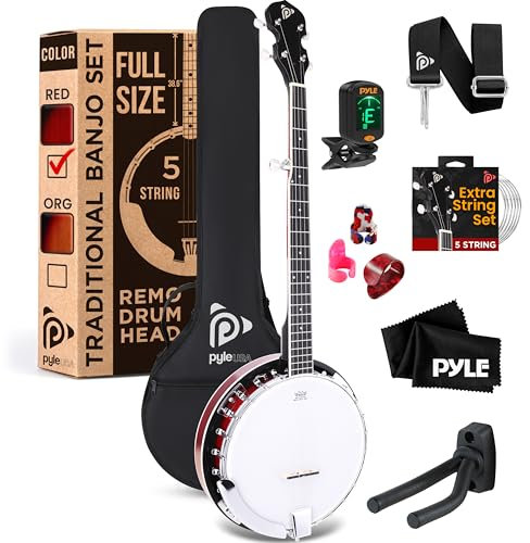 Pyle Banjolele- 5 Saiten, Banjo Kit Instrument, Banjolele Set Inkl. digitalem Stimmgerät, Saiten, Plektren, Gurt, Gig Bag & Werkzeugset, Musikinstrument für Folk, Country & Bluegrass, 99cm