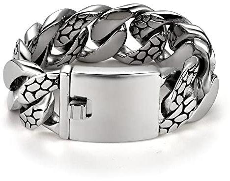 JewelryWe Schmuck Herren Armband Groß Schwer Edelstahl Panzerkette Armkette Schlangenmuster Glieder Cuban Link Kettenarmband mit Gravur Geschenke für Männer Silber