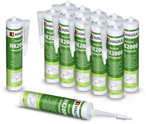 HAUSA Montagekleber HK2000 12x 540g extra starker Acryl-Kleber für Innen & Außen Baukleber für Styropor Leisten elastischer Kleber für poröse Oberflächen Holz Beton Metall überstreichbar weiß