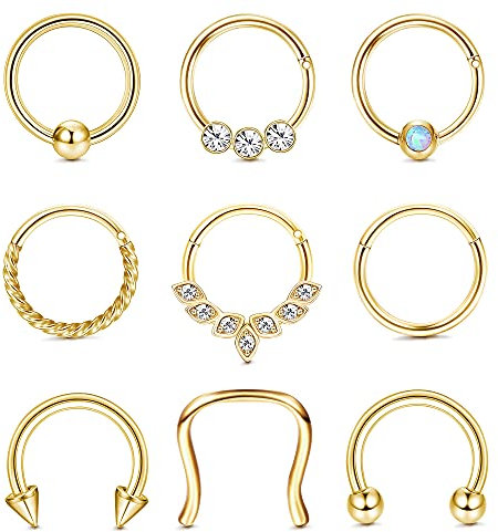 Kakonia 9stk Septum Piercing 16G Nasenpiercing Ring Daith Ohrringe Creolen Nasenring Hufeisen Edelstahl Septum Ringe für Frauen Helix Tragus Lippenknorpel Ohrringe Silber Rose Gold