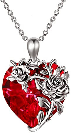 PROESS 925 Sterling Silber Rose Blume Halskette Rot Herz Kristall Halskette Rosen Schmuck für Ehefrau,Mama, Freundin, Geburtstag, Jahrestag, Geschenk