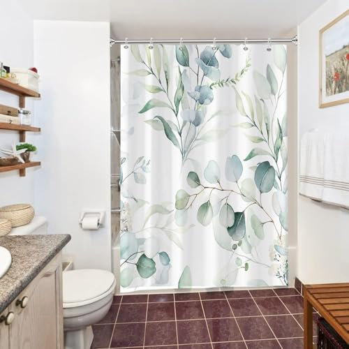 Uiiooazy Rideau Douche 150x200cm, Rideau de Douche Anti Moisissure Vert Feuilles d'eucalyptus Fleuri Blanc Rideaux de Baignoire Tissu Lavable Imperméable Rideaux Salle de Bain avec 10 Crochets
