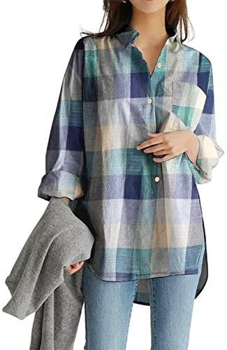 Damen Langarm Top V-Ausschnitt Top Langarm Tunika Plaid Print Top Tunika Schwarz