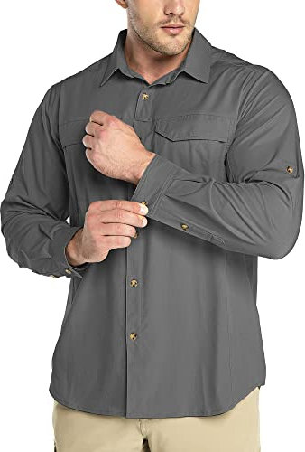 Outdoor Ventures Men's Shirts Safari Shirt Roll-Up Sleeve UV Shirts Quick Dry Lightweight Hiking Shirt with Pockets for Walking Fishing Travelling Grey 4XL