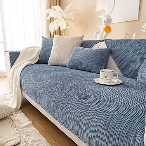 GEBIN Chenille Sofabezüge 1 2 3 4 Sitzer Sofabezug Couchbezug L Form Ecksofa Sofa/Couch überwurfdecke, Samt Couch Überwürfe Sofahusse Sofaüberwürfe rutschfest Sofa Abdeckung (Blau,110x210cm)