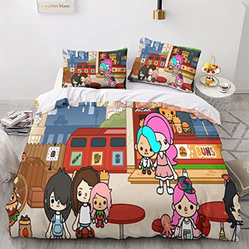 LSORU Toca BocaTröster Set Set 3D World Bedruckte Kissenbezüge Microfase Bettzeug 3-teiliger Bettwäsche Mit Reißveschluss Für Teenager Mädchen Jungen Kinder Double(200x200cm)