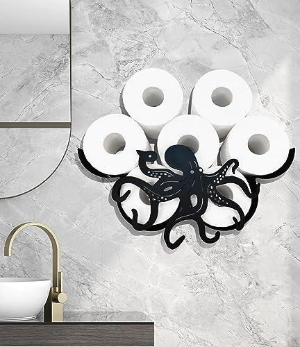 Euiroet Octopus Metal Wall Toilet Paper Storage,Black Toilet Tissue Holder,Animal Decorative Metal Paper Holders,Cute Toilet Paper Storage for Bathrooms,Wall Toilet Paper Organizer Hold Extra 8 Rolls