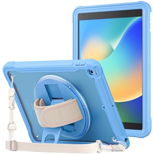 ProCase Étui Antichoc pour iPad 10.2, iPad 9, iPad 8, iPad 7, A2602 A2603 A2604 A2605 A2270 A2428 A2429 A2430 A2197 A2198 A2200, Housse Dos Semi-Transparent, avec Bandoulière Réglable -Bleu