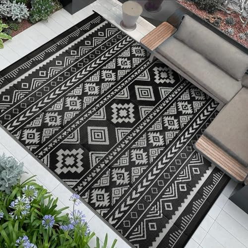Famibay Outdoor Teppich Wetterfest Terrasse Teppich Wendbar Outdoorteppich Gartenteppich Kunststoff Teppich Picknickdecke Außen Bodenmatte für Terrasse Garten Balkon Camping (Schwarz, 180 x 270 cm)