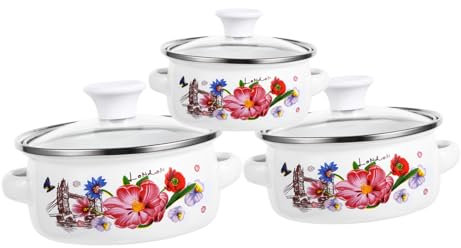 Cabilock Enamel Soup Pot Set with Double Handles, Lightweight Flat Bottom Stock Pot, Ergonomic Cooking Stockpot for Instant Noodles Milk Oatmeal