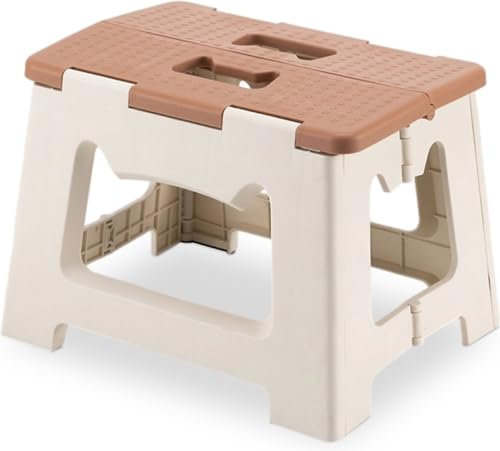 BUDDLEY Tritthocker klappbar – 23 cm hoher Tritt mit Anti-Rutsch-Design - Tragfähigkeit bis 99 kg - Klapphocker - ideal für Küche, Bad, Garage & Camping (Braun mit Beige/M)