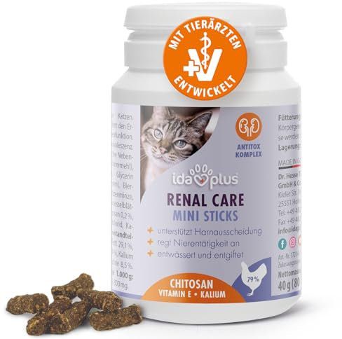 Ida Plus Renal Care Mini Sticks - für eine natürlich gesunde Nierenfunktion - gleicht Phosphatüberschuss aus - bindet urämische Toxine bei Katzen - unterstützt die Harnausscheidung der Katze - 80 STK