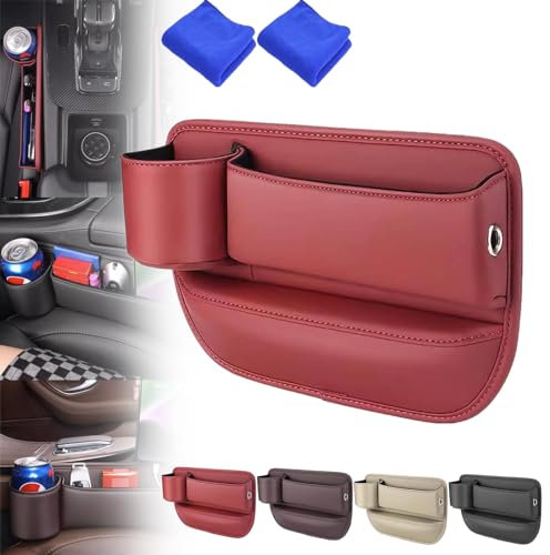 Naneug Car Leather Cup Holder Gap Bag,Zenines Cup Holder Gap Bag,Atsizral Car Seat Storage Box,Universal Car Organizer Front Seat with Water Cup Holder for Phones,Glasses,Keys,Cards (Red,R)