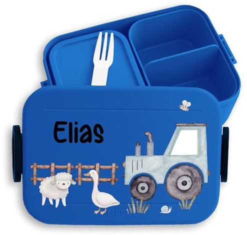 Kinder Bento Box Midi für Mepal Bentobox - Personalisierte Traktor Brotdose mit Tieren I Kindgerechte Lunchbox mit Traktor und Bauernhoftieren - 900 ml - Blau - name butterbrotdose kindergarten