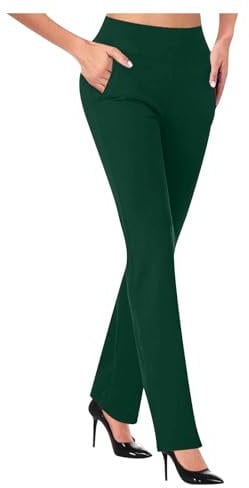 Office Trousers for Women UK Ladies Work Smart Stretch Suit Pants Straight Leg High Elasticated Waist Bootleg Trousers with Pockets A03Army Green