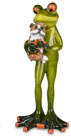 generisch Dekofigur Frosch mit Hund | Figur Froschfigur Zierfigur mit Tier | 16x7 cm