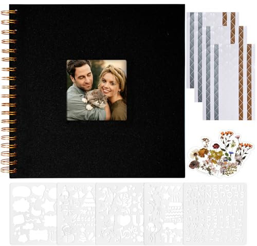 Vienrose Fotoalbum zum Selbstgestalten 20,5 x 20,5 cm, Leinen Fotoalbum mit 40 Weißen Seiten, Leeres Kraftpapier, DIY Scrapbook Spiralalbum Set für Babys, Familien, Hochzeiten, Jahrestag, Schwarz