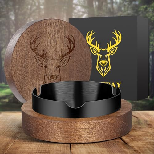 LULLEA Geschenke für Jäger, Hirsch Aschenbecher mit Deckel, Aschenbecher für Draussen, Hölzern Aschenbecher für Draussen Innen, Geruchssicherer Aschenbecher mit Edelstahleinsatz für Zigarre Zigarette