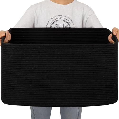 Aufbewahrungskorb Groß Schwarz, Wäschekorb Geflochten, 66L Faltbarer Wäschekorb mit Henkel, Große Wäschesammler für Decken, Kleidung, Kuscheltier, Spielzeug