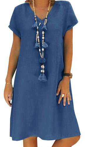 Sommerkleid Damen Leinen Kleider Casual V-Ausschnitt Midikleid Kurzarm A-Linie Kleid Strandkleid Ohne Zubehör (A Blau, L)
