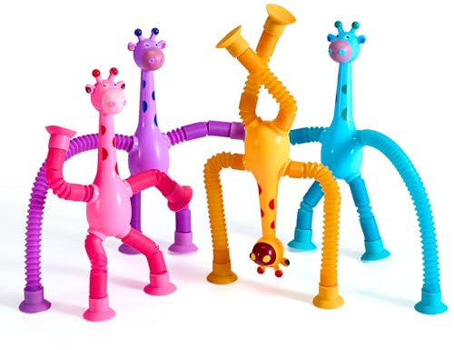 JOYIN 4 Pcs Giraffe Pop Tubes Toys for Kids, Sensory Toys for Kids Fidget Toys for Toddlers Telescopic Tube Toy for Girls & Boys Fidget Toys Halloween Christmas Birthday Gift Party Favors
