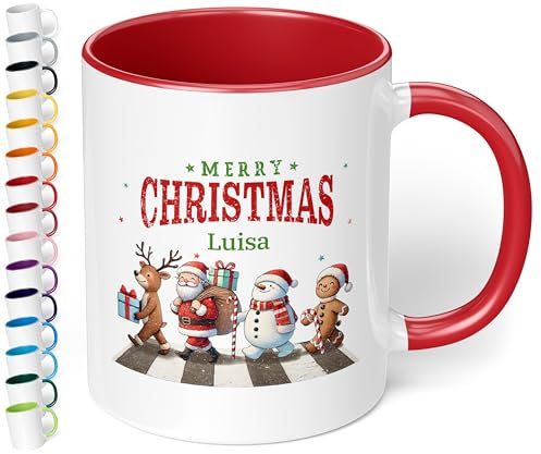 Geschenk zu Weihnachten: Tasse „Merry Christmas - Weihnachtsfiguren“ - personalisiert mit Namen - Adventszeit, Keramik, ca. 330ml, Rot