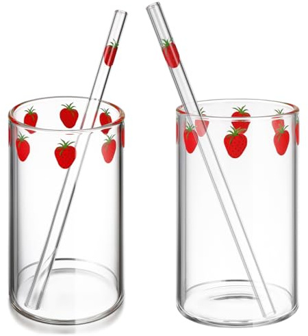 PRETYZOOM Strawberry Printed Milk Cup Set of 2 with Straws 4.33In Compact Portable Glass Cups for Tea Milk Juice Indoor Use