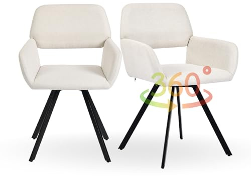 FurnitureR Lot de 2 chaises de salle à manger pivotantes à 360° en tissu beige crème sans roulettes, chaises de bureau ergonomiques avec accoudoirs et pieds en métal pour maison, étude, salon,