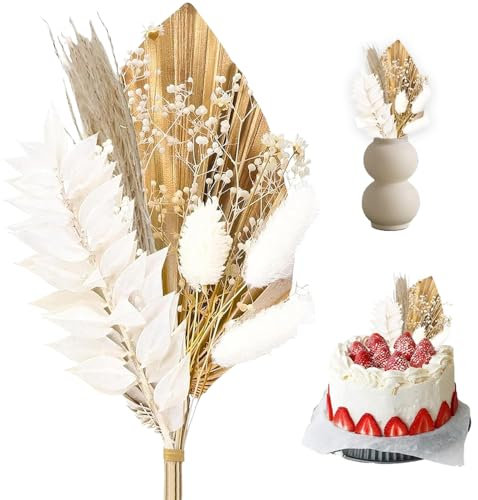 Dried Flowers for Cakes, Gold Palm Leaves Cake Topper, Dried Flowers Bouquet, Cake Insert Decorations for Wedding Birthday Party Baby Shower Valentine's Day 28 x 9 x 3 cm Gold White
