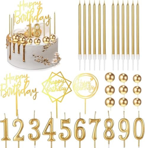 34 Stück Happy Birthday Kuchendekorationen Geburtstagskerzen DIY Kuchendekoration für Männer Frauen Hochzeitstag (Gold)