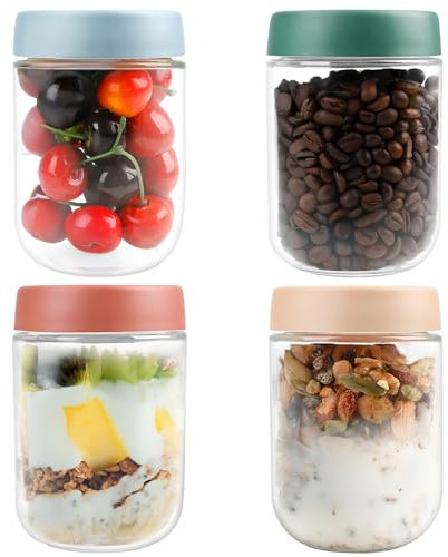 VINATO Lot de 4 Bocaux en Verre Hermétiques 480ml avec Couvercles, Bocal en Verre avec Couvercle, Pots Yaourts avec Couvercle, Overnight Oats Jar, Récipients Alimentaires Empilables