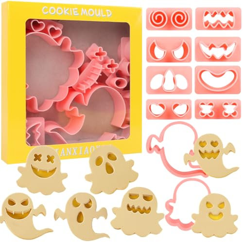 SULOLI 10 Stück Halloween-Ausstechformen-Set,3D-Kunststoff Ausstechformen,Halloween Geist Keksausstecher,Fondant Ausstecher mit verschiedene Ausdrücke