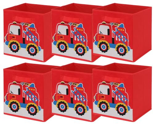 BonChoice Foldable Storage Cubes Boxes with Handle for Home Organization, Fabric Wardrobe Storage Box Organizer Basket Bins for Clothes Toys Towels, Collapsible&Durable (6, Red Truck)