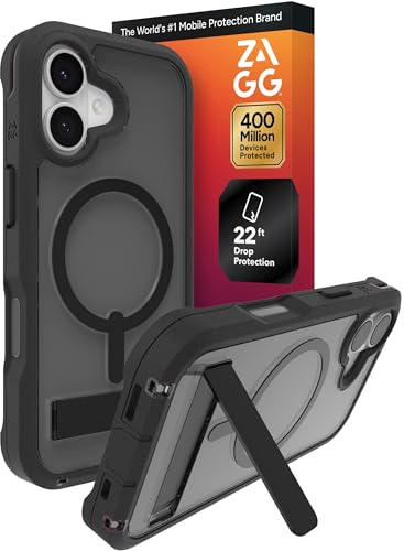 ZAGG Rainier Schutzhülle mit Ständer für iPhone 17, Rauchschwarz, Graphen, 7 m Fallschutz, Lanyard-Befestigungspunkte, MagSafe, kabelloses Laden, kompatibel, 2-teiliges Design, Handyhülle