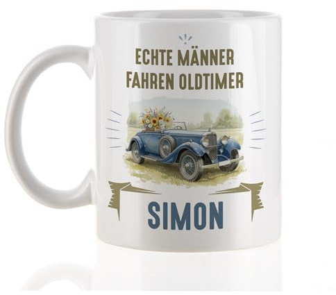 Herz & Heim® Personalisierte Tasse mit Oldtimer Motiv – Geschenk für Fans von Oldtimern & Classic Retro Autos – Name & Wunschtext individuell – Weißer Keramikbecher, 300 ml, spülmaschinengeeignet